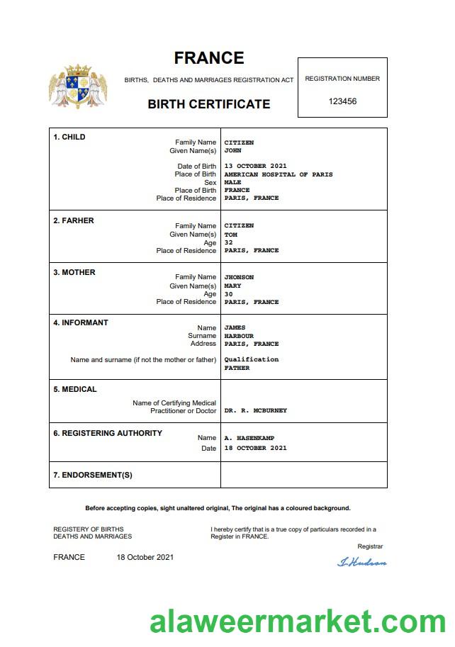 France birth certificate Word and PDF template